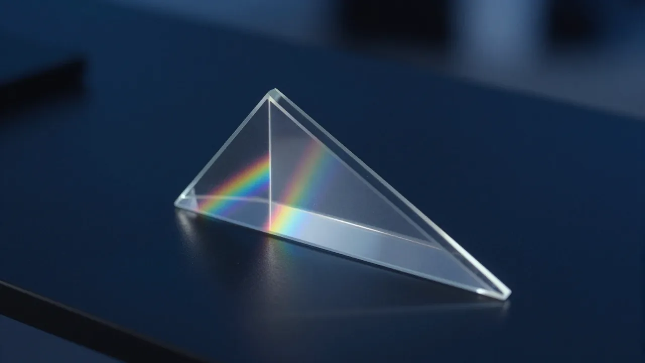 A clear triangular glass prism casts refracted rainbow light on a dark cool-toned desk surface.