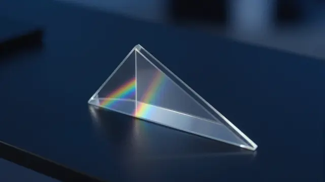 A clear triangular glass prism casts refracted rainbow light on a dark cool-toned desk surface.