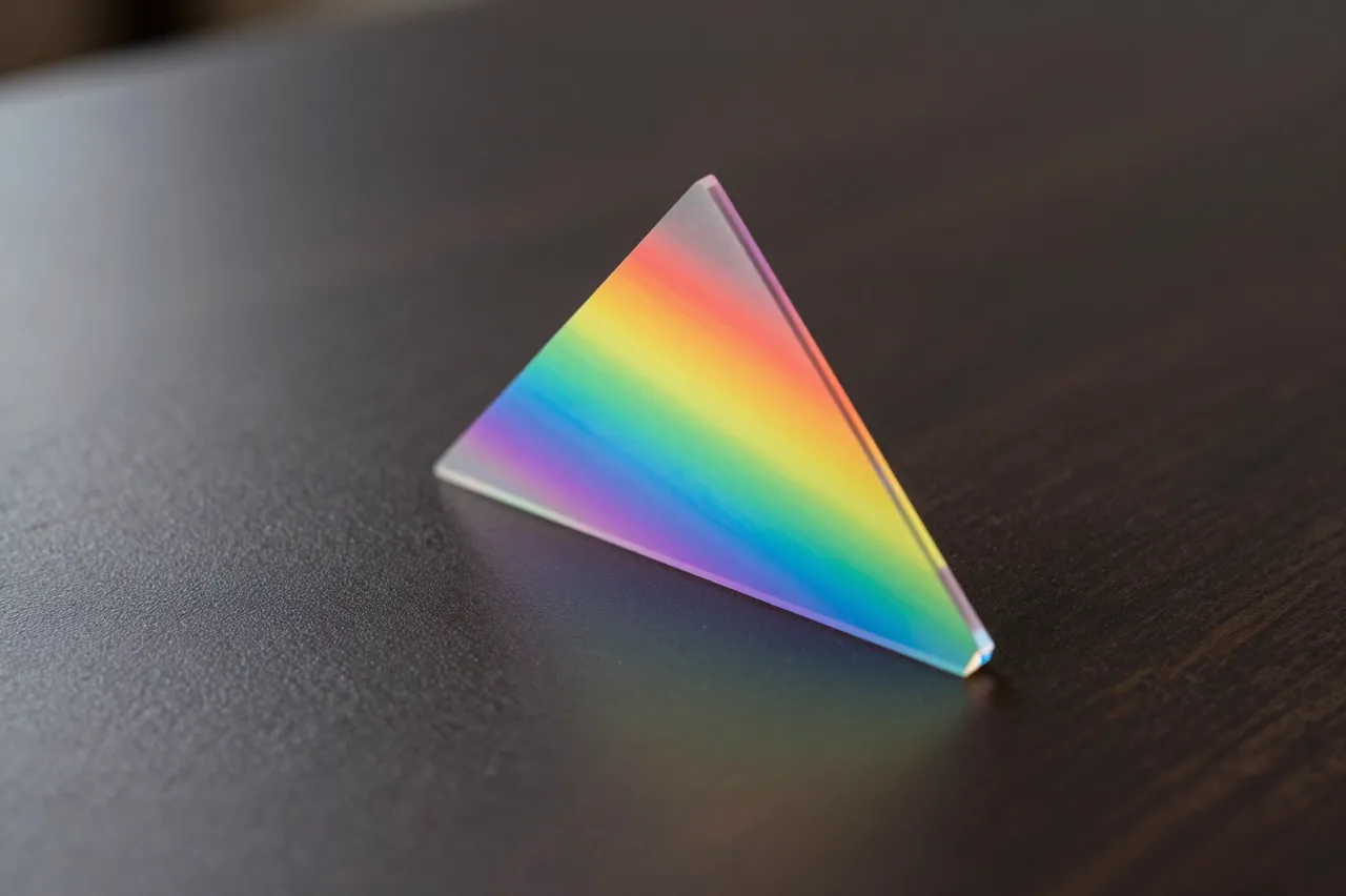 A triangular glass prism resting on a dark wooden table displays a rainbow light spectrum.