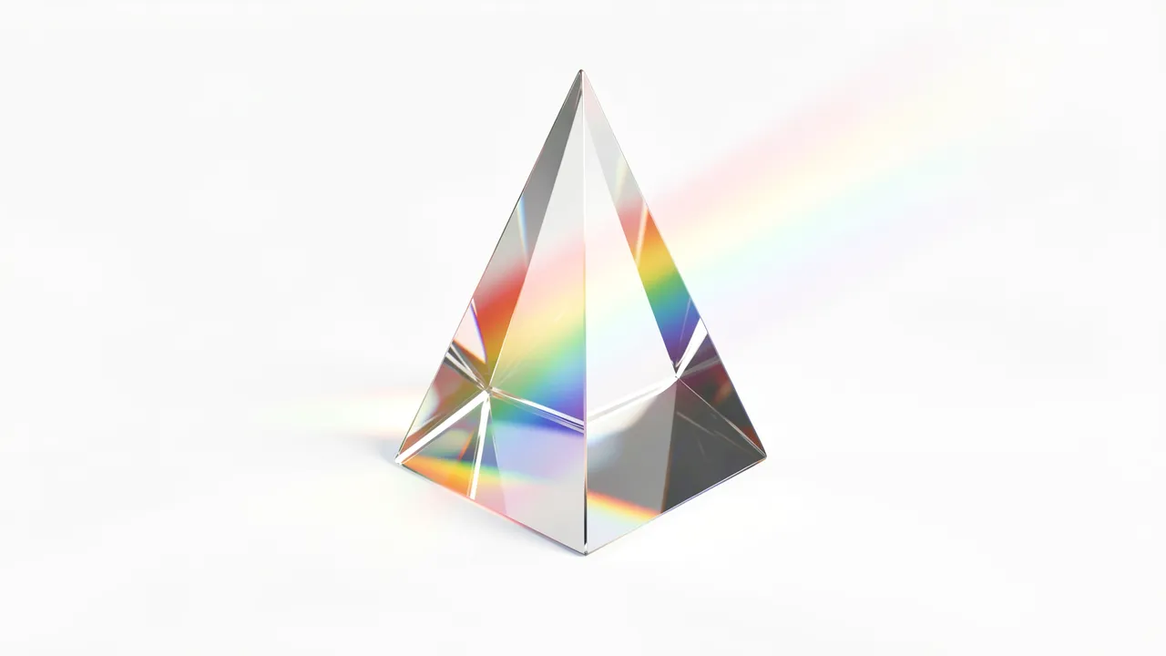 Clear pyramid glass prism refracting light into a soft rainbow on a plain white background