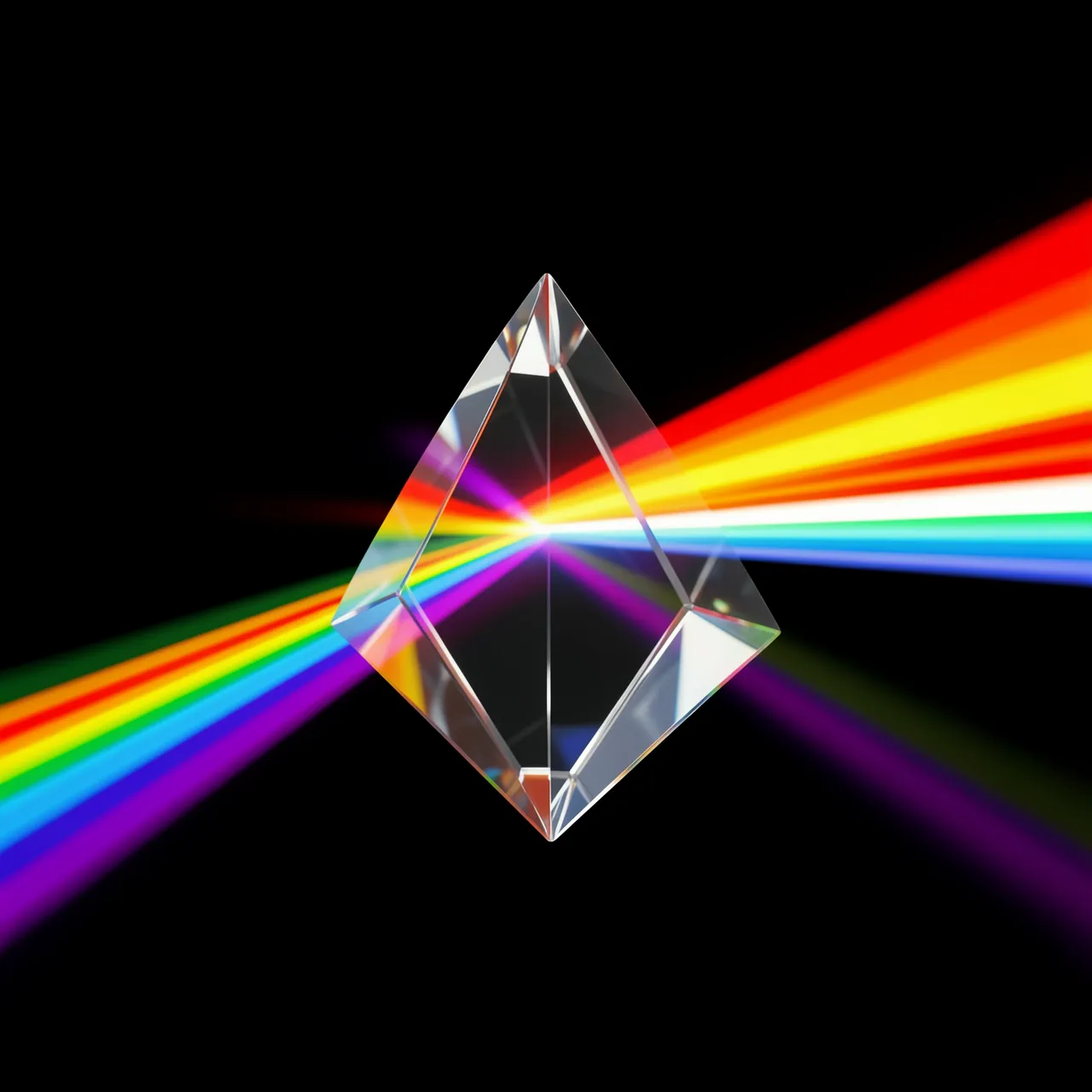 A floating clear glass prism refracts an input beam into bright rainbow colored light streaks against a solid black