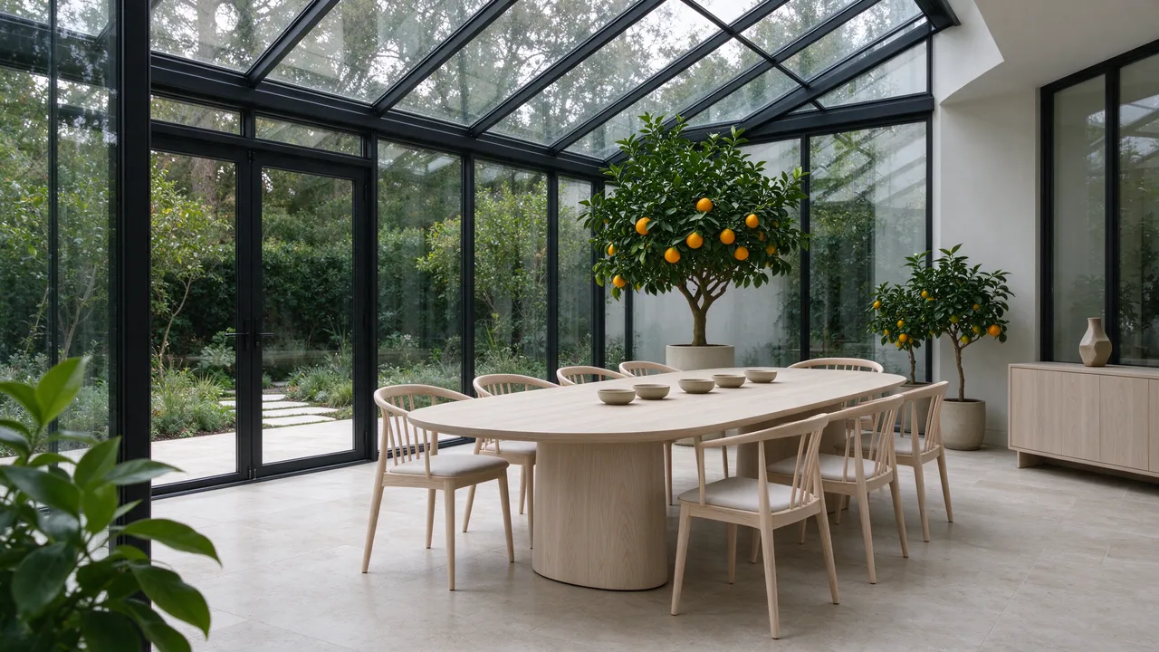 Bright glass roofed garden extension holds an oval ash dining table and potted orange trees, no people present