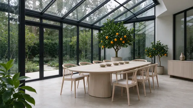 Bright glass roofed garden extension holds an oval ash dining table and potted orange trees, no people present
