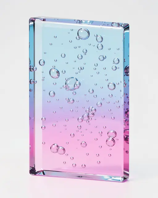A rectangular clear glass slab holds scattered air bubbles over a smooth blue to pink gradient background