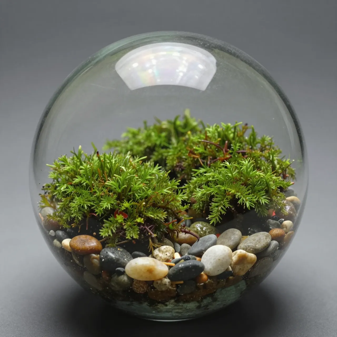 A closed clear glass sphere holding lush moss, smooth pebbles, and tiny water droplets against a plain gray background