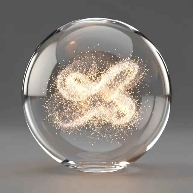 Clear glass sphere holding a swirling cluster of warm glowing particles against a soft gray background
