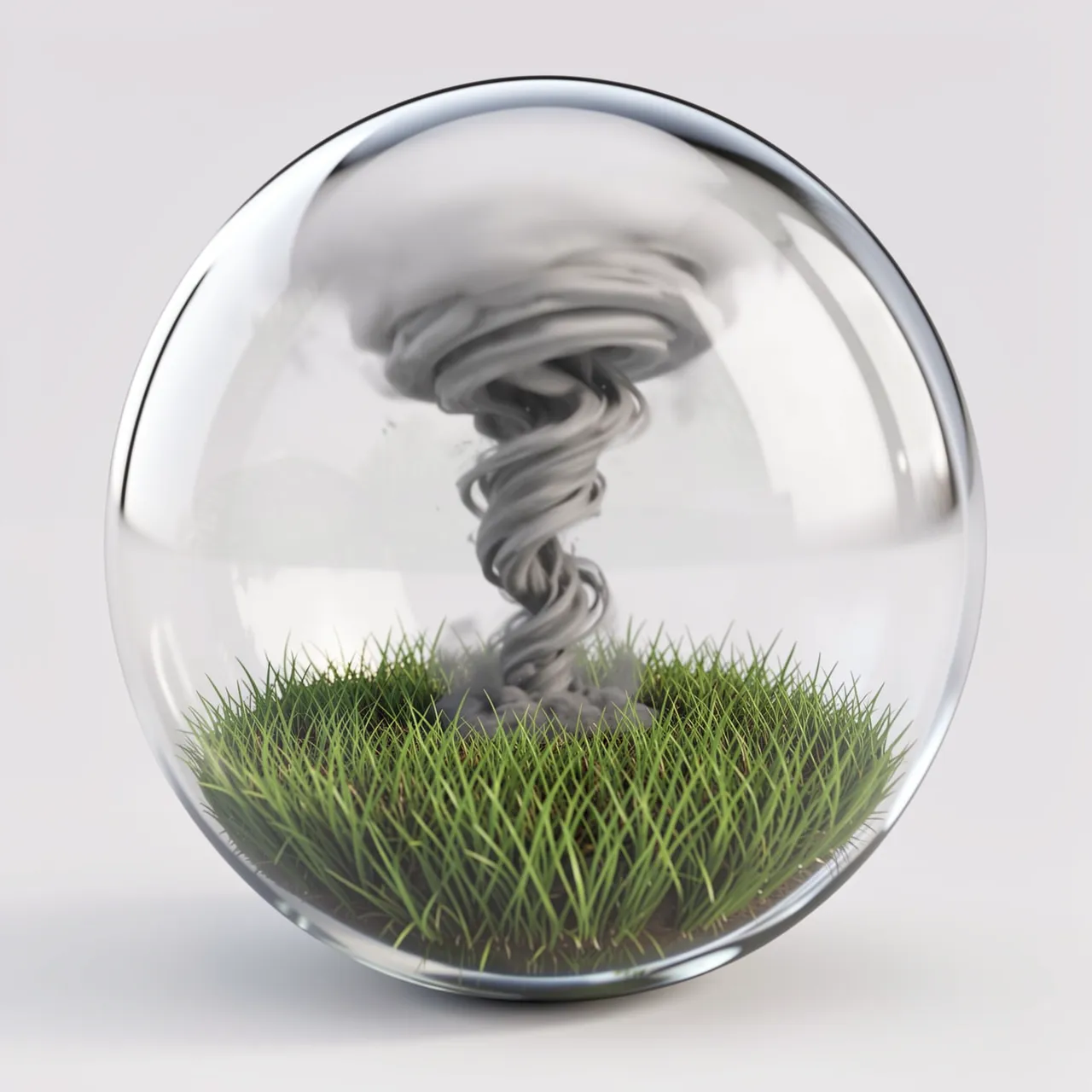 A clear glass sphere encloses a swirling tiny tornado over a patch of green grass.