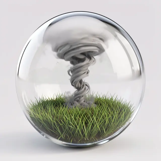 A clear glass sphere encloses a swirling tiny tornado over a patch of green grass.