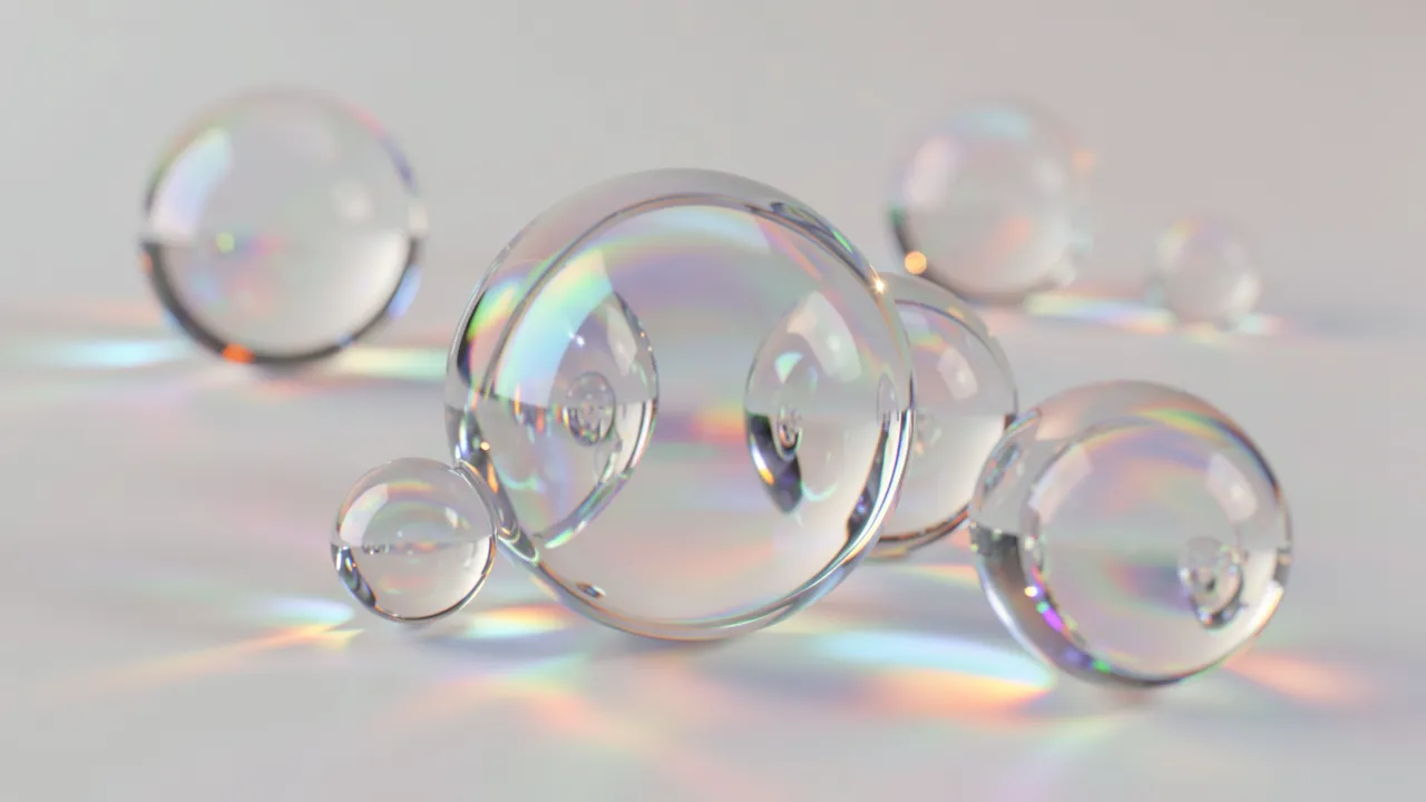 Transparent glass spheres cast iridescent rainbow refractions across a pale smooth surface.