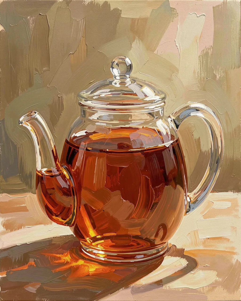 Palette knife oil painting of a glass teapot filled with amber tea catching warm afternoon light