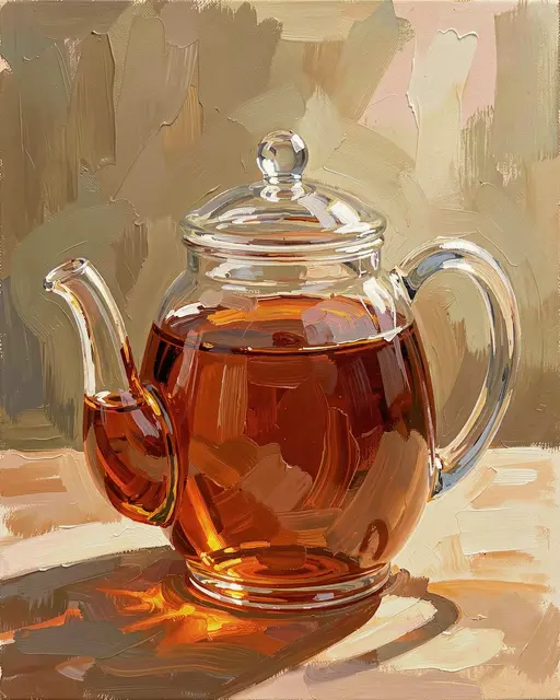 Palette knife oil painting of a glass teapot filled with amber tea catching warm afternoon light
