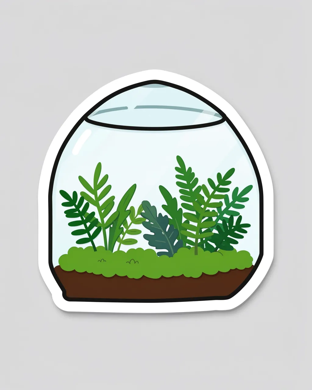 Die-cut sticker illustration of a domed glass terrarium with moss and ferns on a light gray background