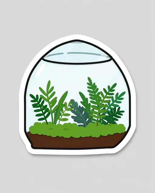 Die-cut sticker illustration of a domed glass terrarium with moss and ferns on a light gray background