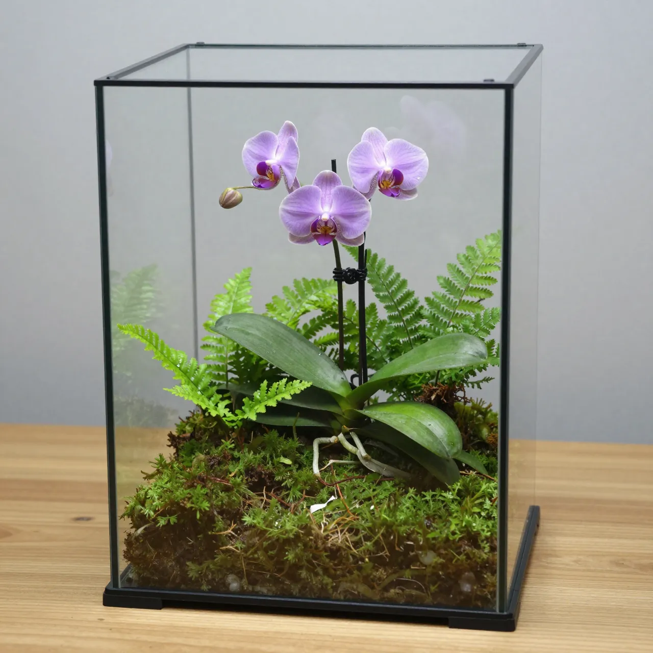 A tall square glass terrarium holds a purple orchid, moss and ferns on a light wooden table
