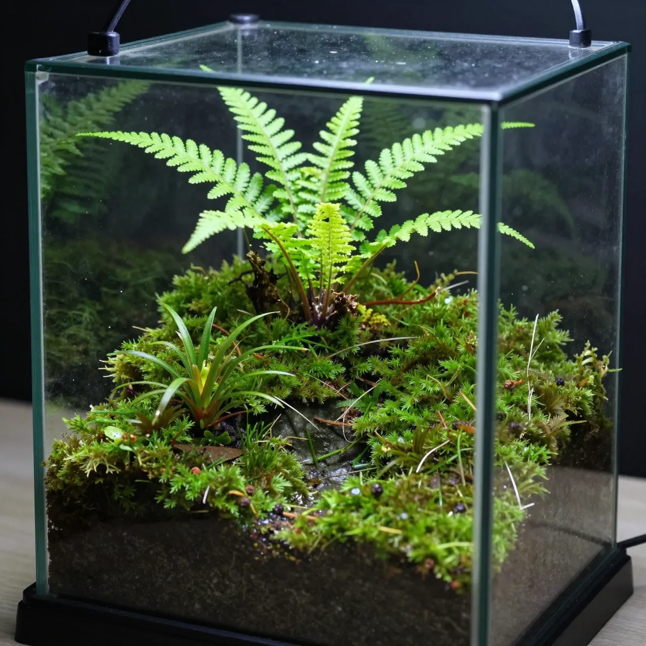 A closed glass terrarium holds lush moss, tiny ferns and small tropical plants over dark soil.