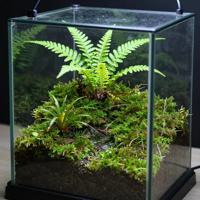 A closed glass terrarium holds lush moss, tiny ferns and small tropical plants over dark soil.