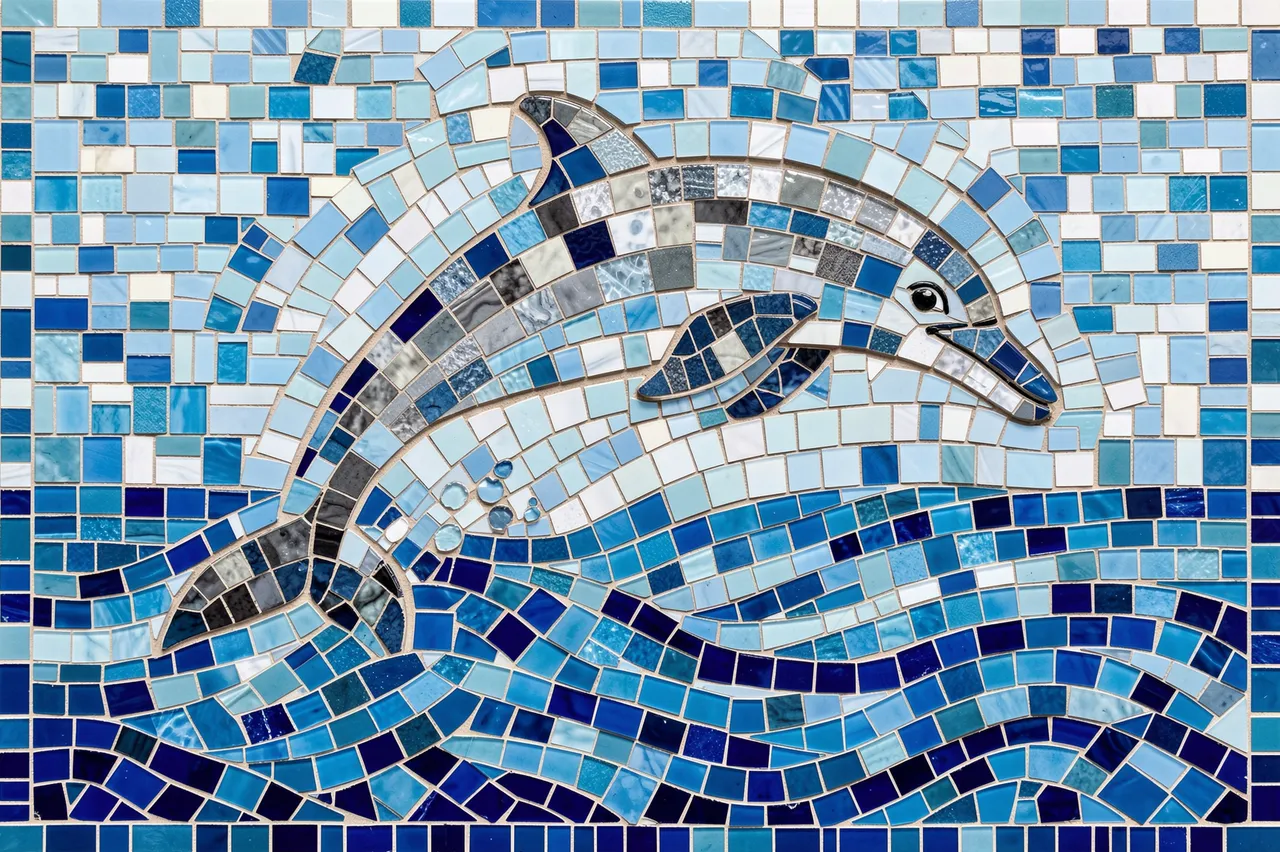 A mosaic art piece of a leaping dolphin crafted from small colored glass tiles above stylized blue waves