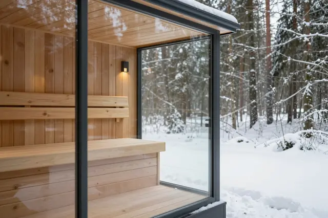 Modern wooden sauna with large glass panels sits beside a snow covered winter forest
