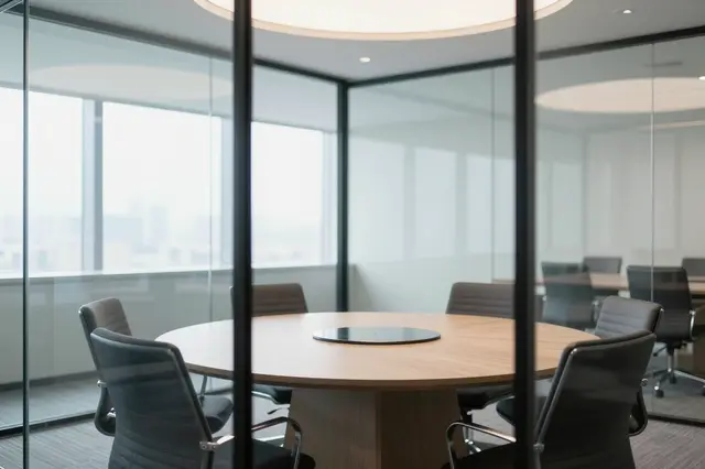Empty bright glass-walled office meeting room with a round wooden table and office chairs
