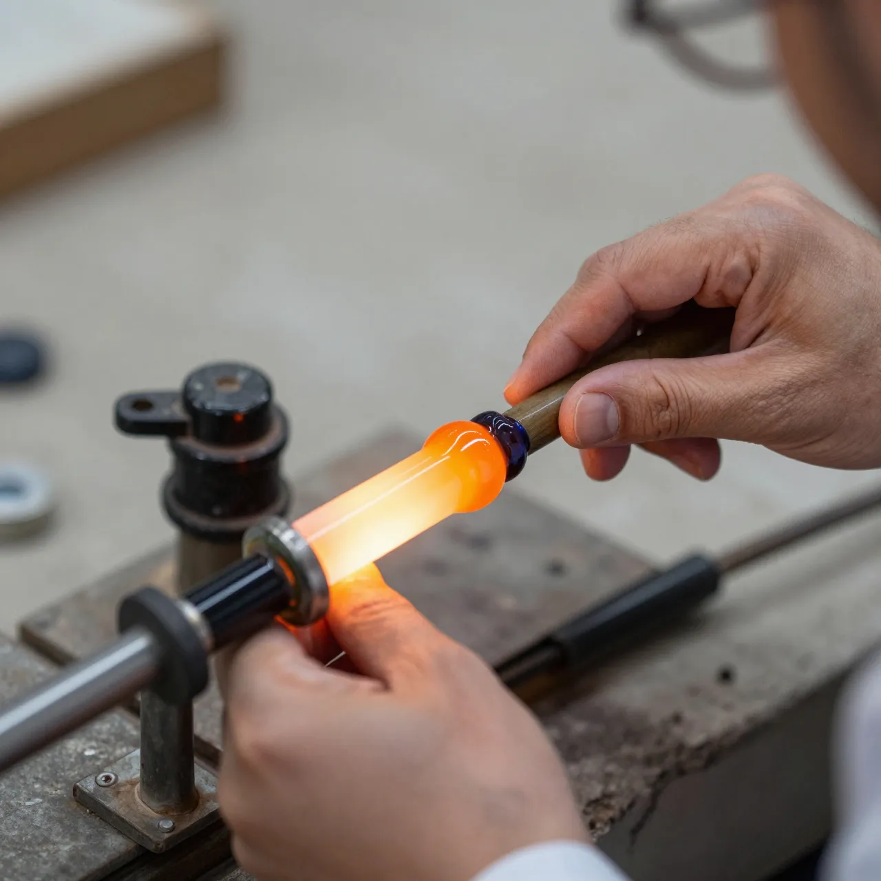 Close-up of a glassblower's hands working a pipe holding glowing orange molten glass at a workshop workbench