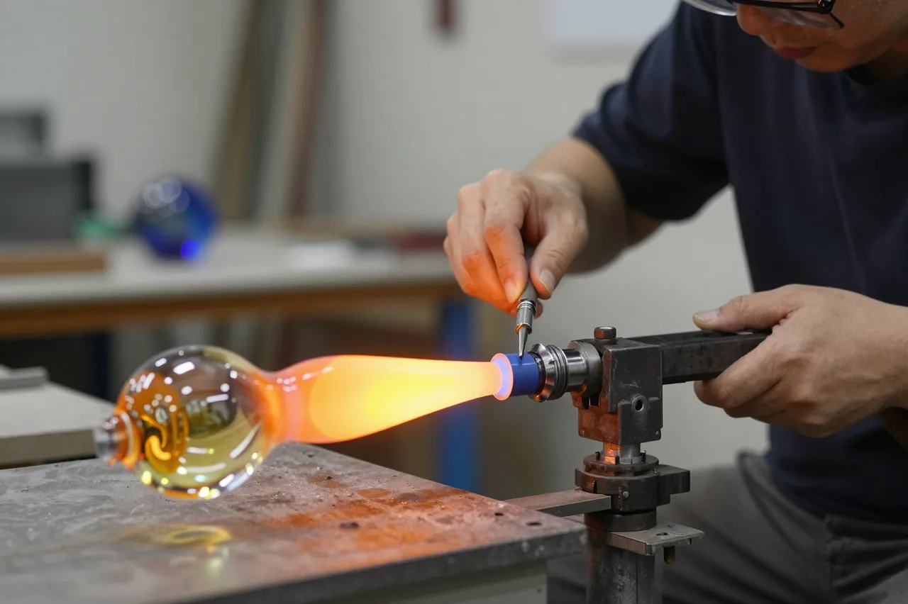 A glassblower wearing safety goggles works on glowing molten glass mounted to a workbench fixture in a studio