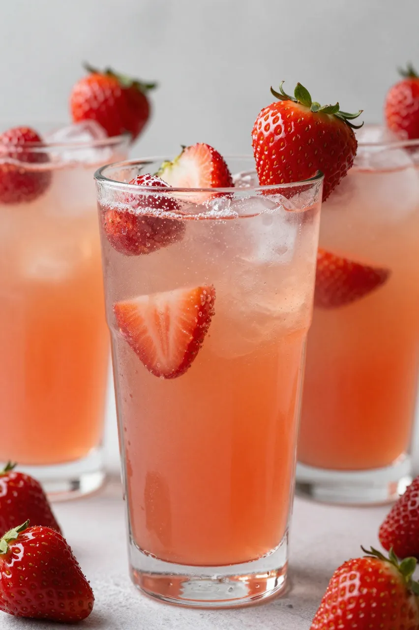 Tall clear glasses of iced strawberry lemonade garnished with fresh whole and sliced strawberries