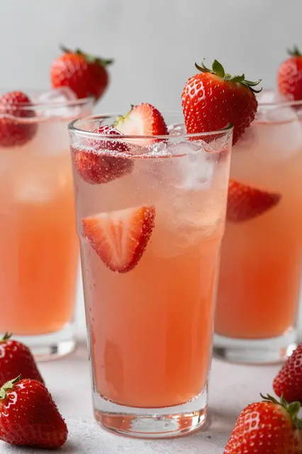 Tall clear glasses of iced strawberry lemonade garnished with fresh whole and sliced strawberries