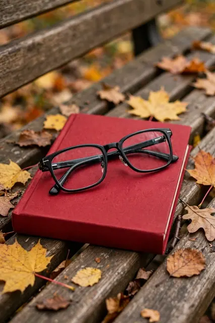 Black eyeglasses rest on a closed red book atop a weathered wooden park bench scattered with autumn leaves