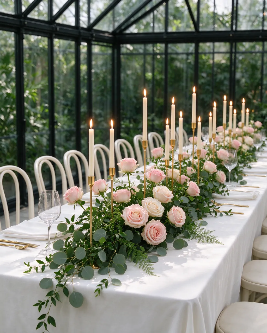 Set wedding reception table with blush roses, taper candles and greenery inside a sunlit glasshouse