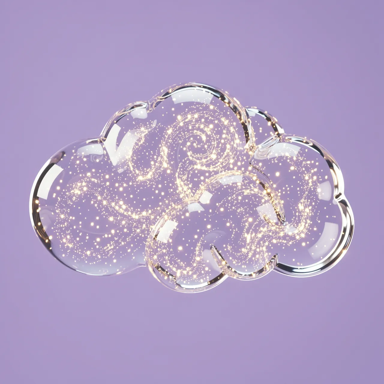 Transparent glass cloud filled with swirling golden glowing particles floats against a soft lilac background