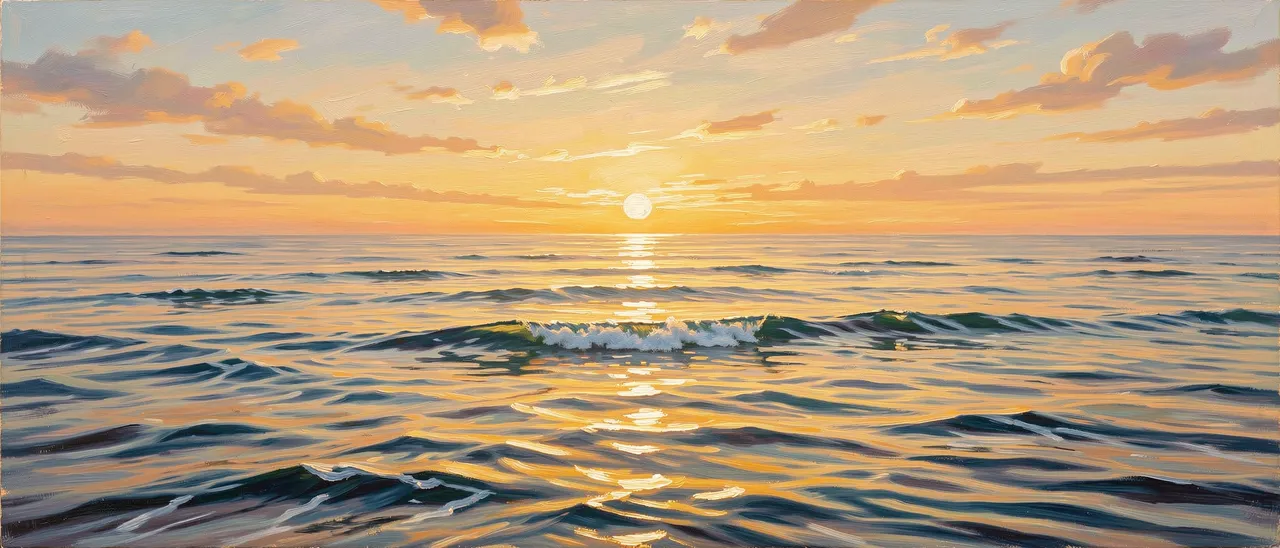 An oil painting of a calm glassy sea at sunrise with golden sunlight stretching across gentle swells