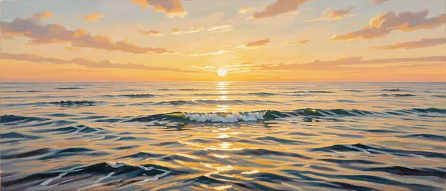 An oil painting of a calm glassy sea at sunrise with golden sunlight stretching across gentle swells