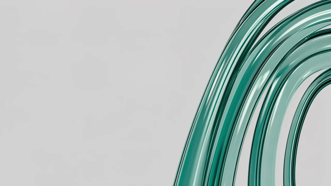 Glossy translucent teal curved arcs sit on the right side of a pale gray background with empty left copy space