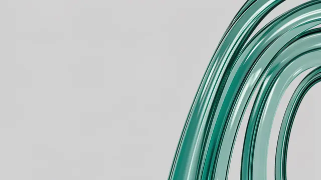 Glossy translucent teal curved arcs sit on the right side of a pale gray background with empty left copy space