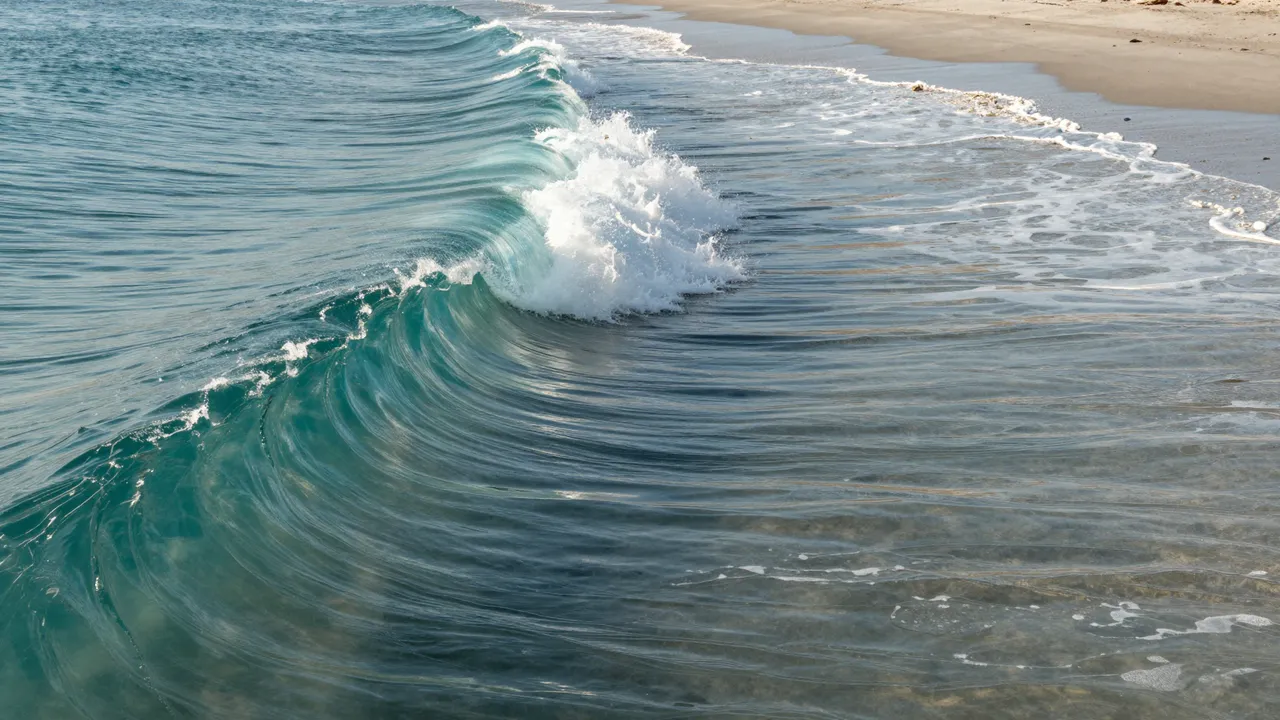 A peeling glassy turquoise ocean wave rolls gently toward a sandy empty beach