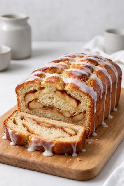 Sliced apple fritter loaf with vanilla glaze rests on a wooden cutting board