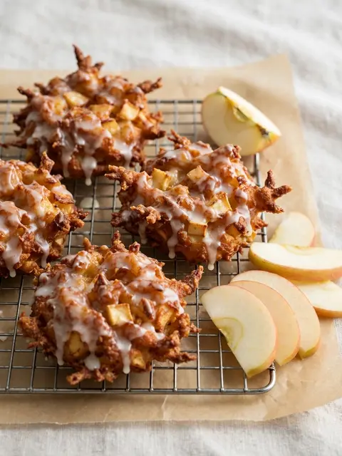 Iced apple fritters rest on a wire cooling rack alongside fresh sliced apple.
