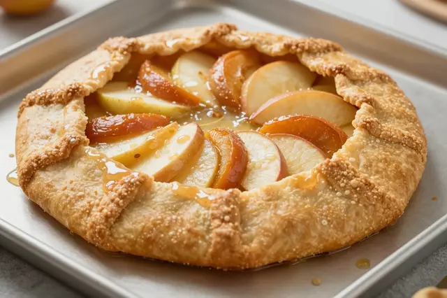 Fresh glazed apple galette with golden pleated crust resting on a metal baking tray