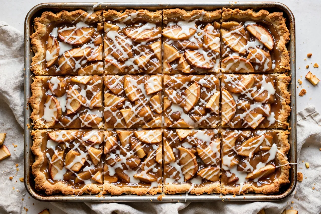 Overhead view of sliced apple slab pie with vanilla glaze drizzle resting in a metal sheet pan