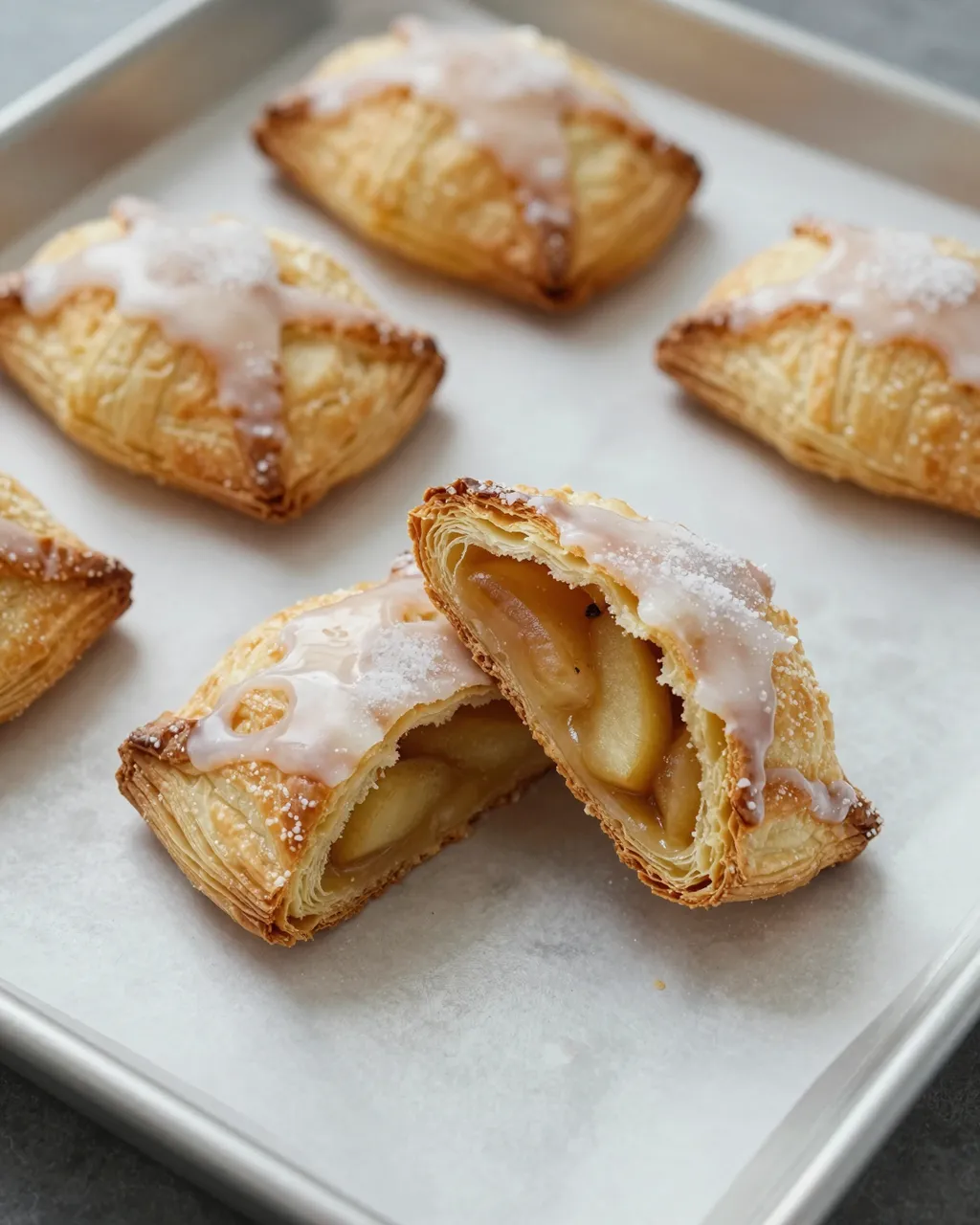 Golden glazed apple turnovers rest on parchment, one split open to show tender apple filling.