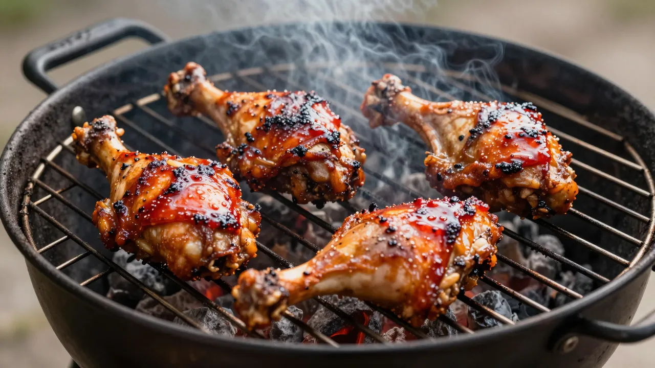 Glossy sauced chicken quarters cook over smoldering charcoal on a round outdoor grill with rising smoke