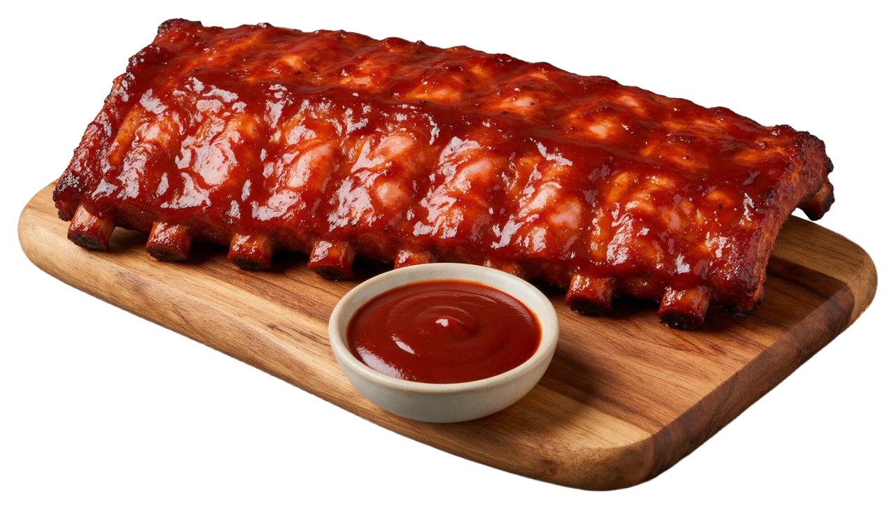 A full rack of glossy barbecue glazed ribs rests on a wooden board next to a small bowl of red sauce