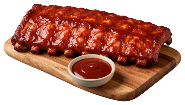 A full rack of glossy barbecue glazed ribs rests on a wooden board next to a small bowl of red sauce