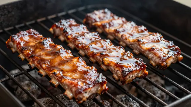 Racks of sticky barbecue glazed pork ribs rest over charcoal on a grill grate
