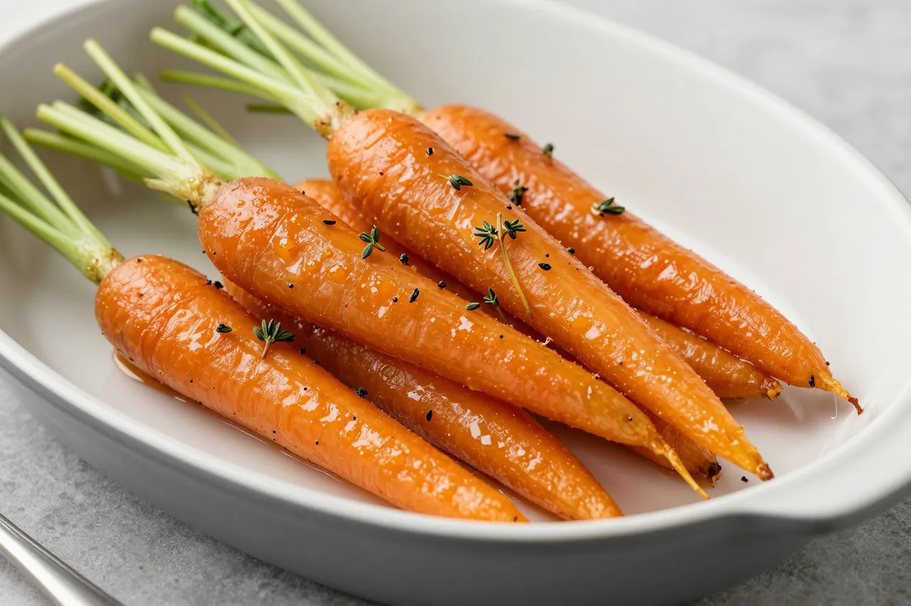 Honey-glazed whole carrots topped with fresh thyme sit in a white oval serving dish.
