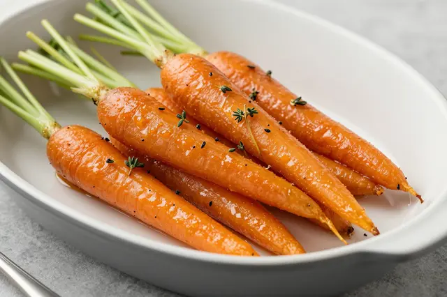 Honey-glazed whole carrots topped with fresh thyme sit in a white oval serving dish.