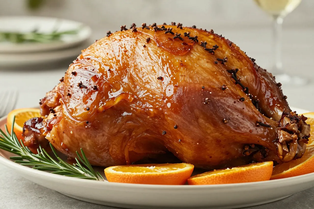 Glazed spiced ham studded with cloves sits on a platter garnished with orange slices and rosemary