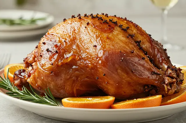 Glazed spiced ham studded with cloves sits on a platter garnished with orange slices and rosemary