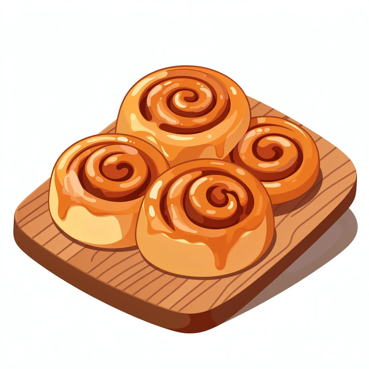 Four iced spiral cinnamon rolls arranged on a square wooden serving board against a plain white background