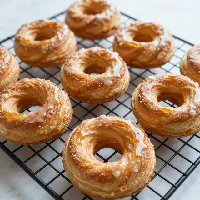 Ridged honey-glazed French crullers rest on a black wire cooling rack atop a light countertop.